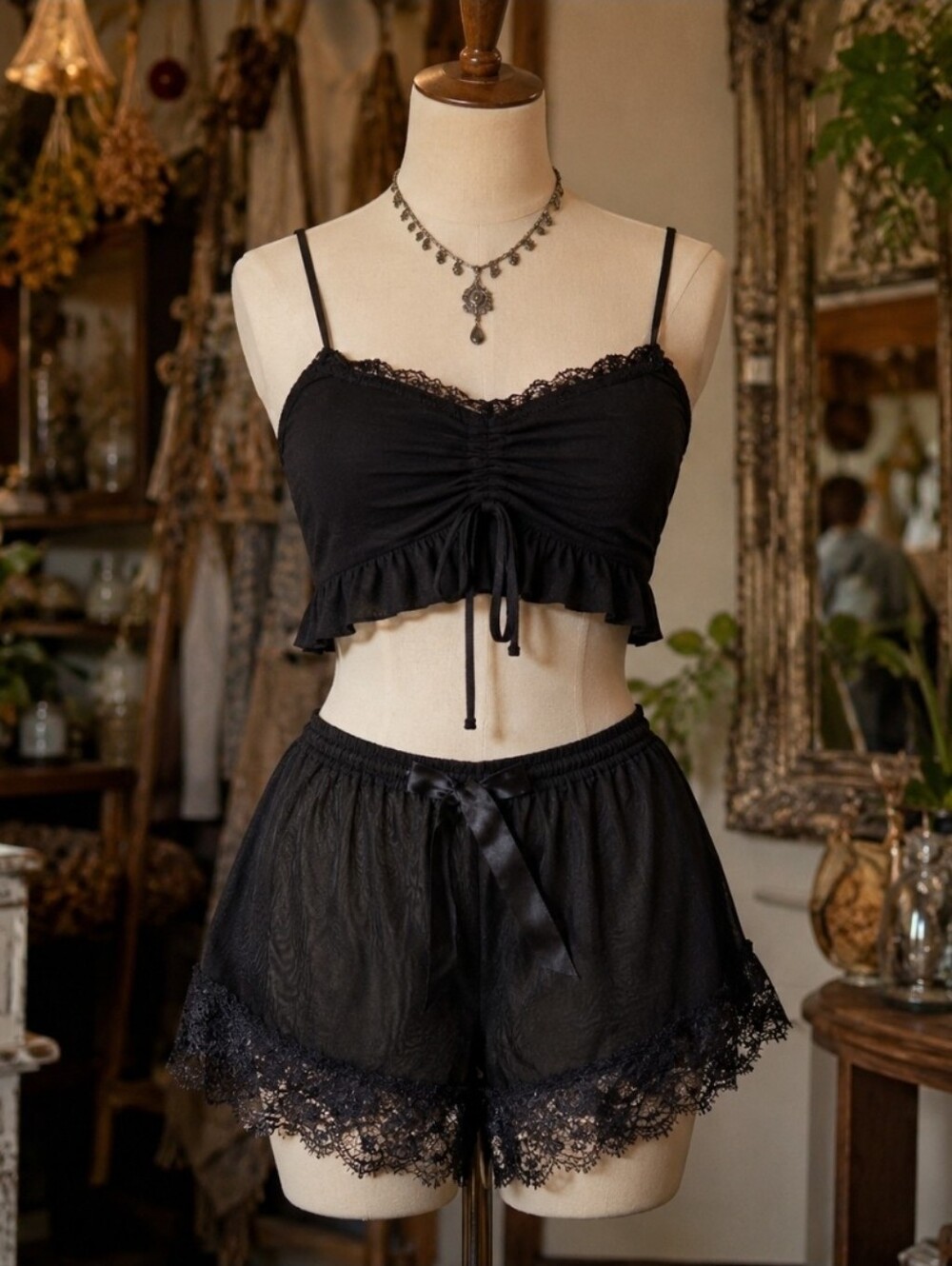 4/$15 Black Sheer Lace Trim Mini Short L Coquette Boho Y2K